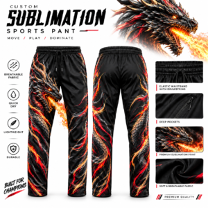 Home Black sublimation sports pants featuring a realistic dragon breathing fire in red, orange and gold, front and back views by Skilled Wears.